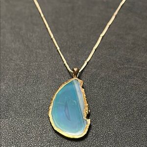Sliced Blue Agate Natural Stone In Gold-tone With Curb Ball Gold-tone Chain